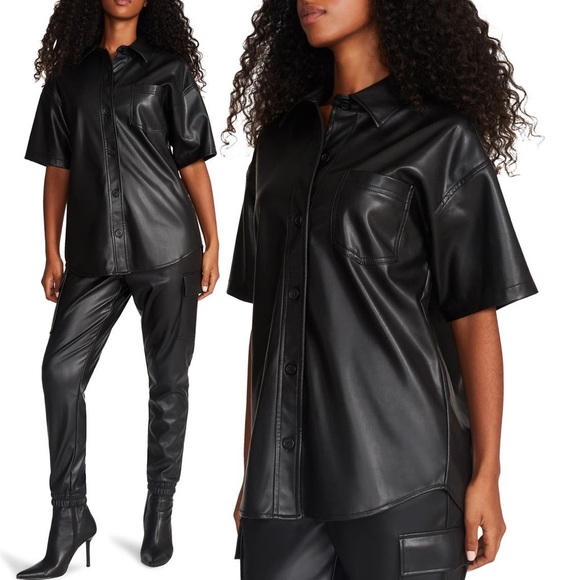 Steve Madden Tops - Steve Madder Oversize Faux Leather Shirt Short Sleeve Button Down Pocket Black M